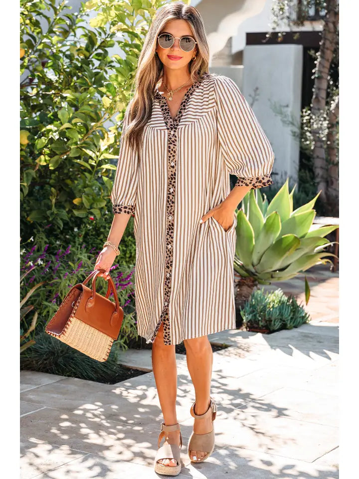 Stripe Leopard Midi Shirt Dress
