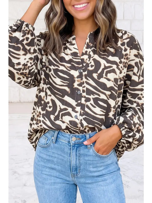 Leopard Button‑Down Blouse Puff Long Sleeve