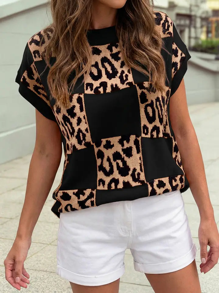 Leopard Checkerboard Knit Sweater Top