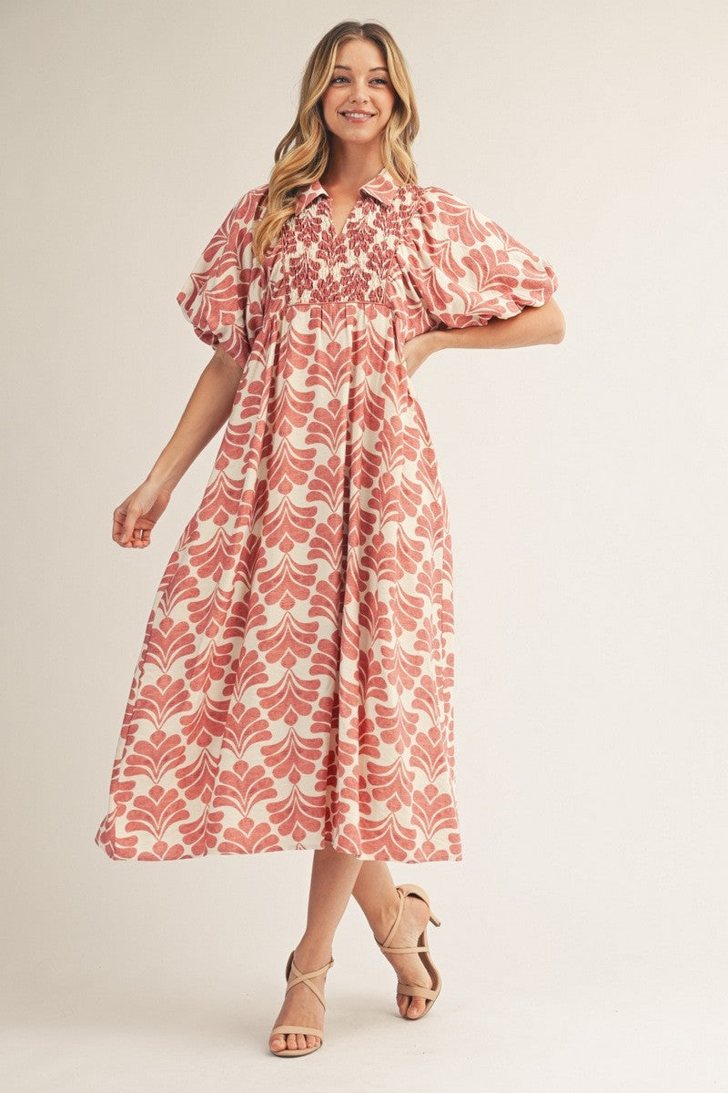 Puff Sleeve Boho Floral Midi Dress
