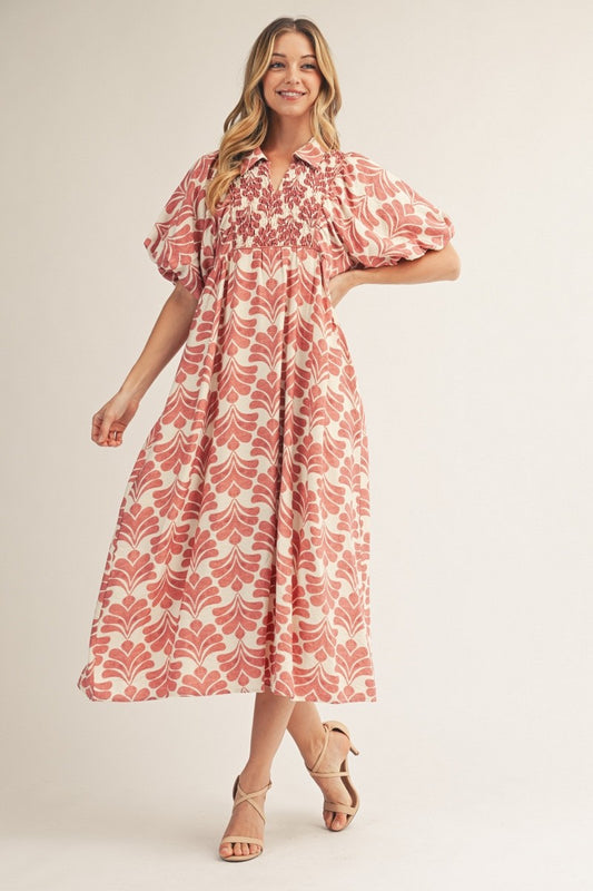 Puff Sleeve Boho Floral Midi Dress