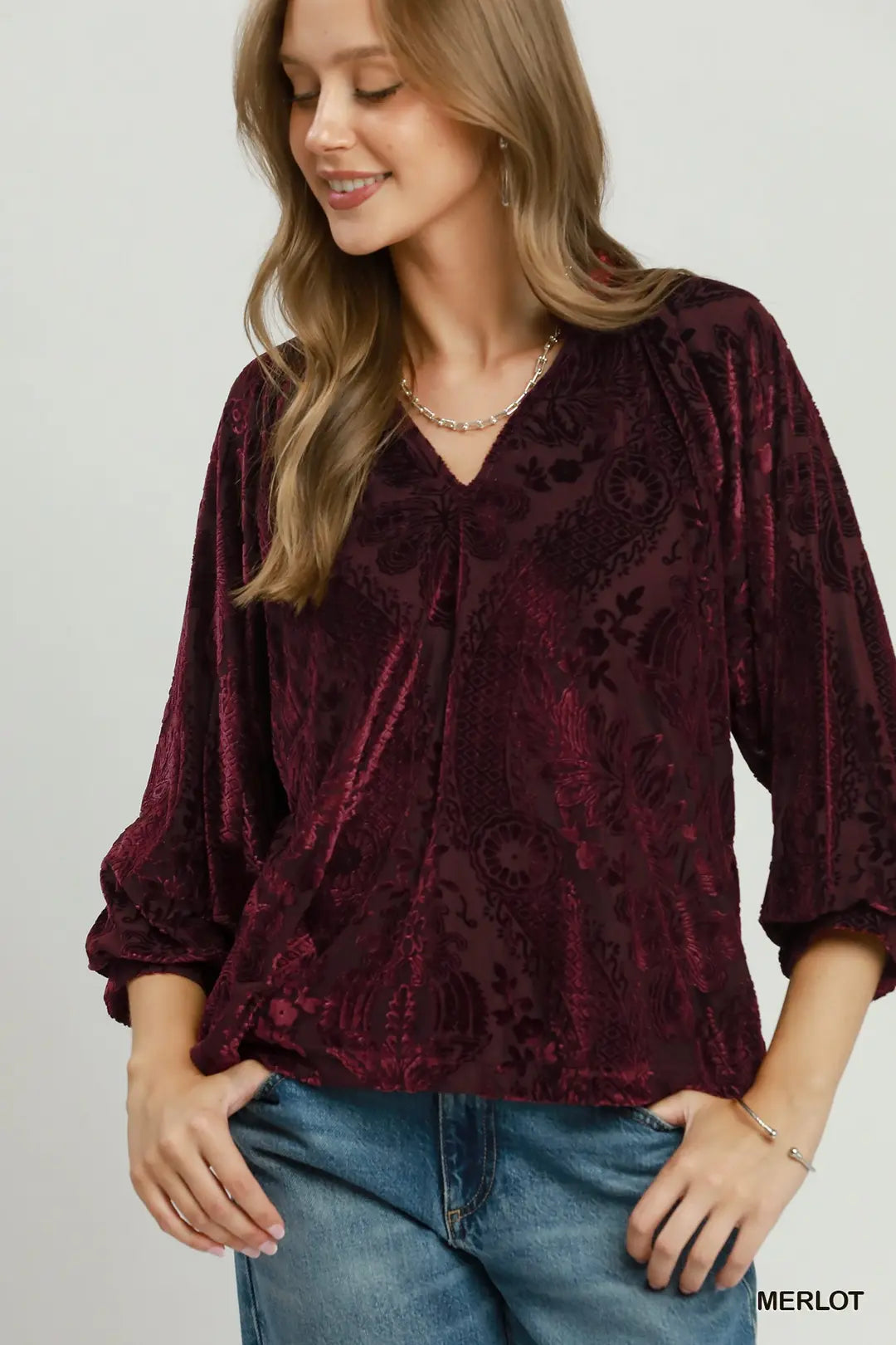 Damask Print Velvet Split Neck Top