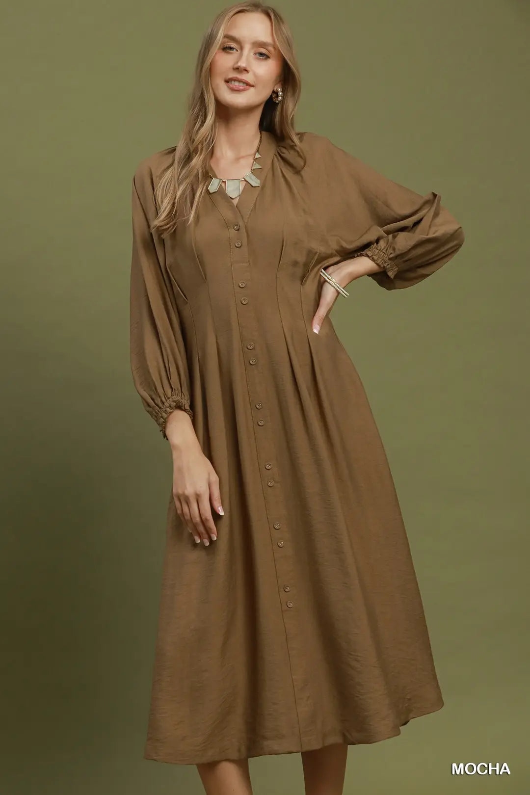 V-Neck Button Front Pintuck Midi Dress