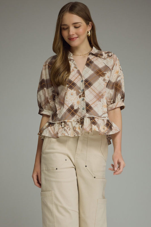 Mocha Plaid Floral Print Puff Sleeve Top