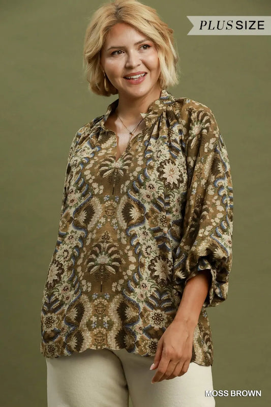 Abstract Print Balloon Sleeve Top - Plus