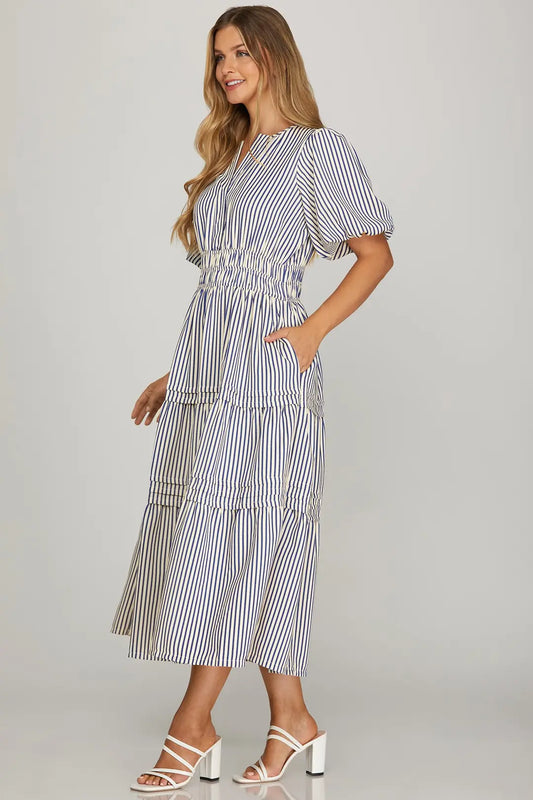 Puff Sleeve Pintuck Tiered Stripe Woven Midi Dress