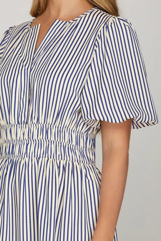 Puff Sleeve Pintuck Tiered Stripe Woven Midi Dress