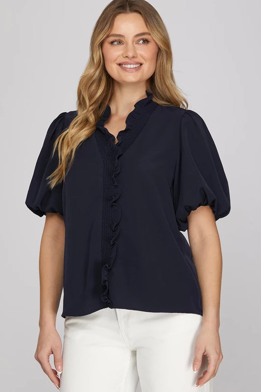 Short Bubble Sleeve Smocked Neck Top