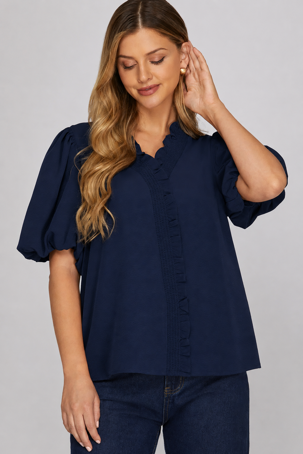 Short Bubble Sleeve Smocked Neck Top