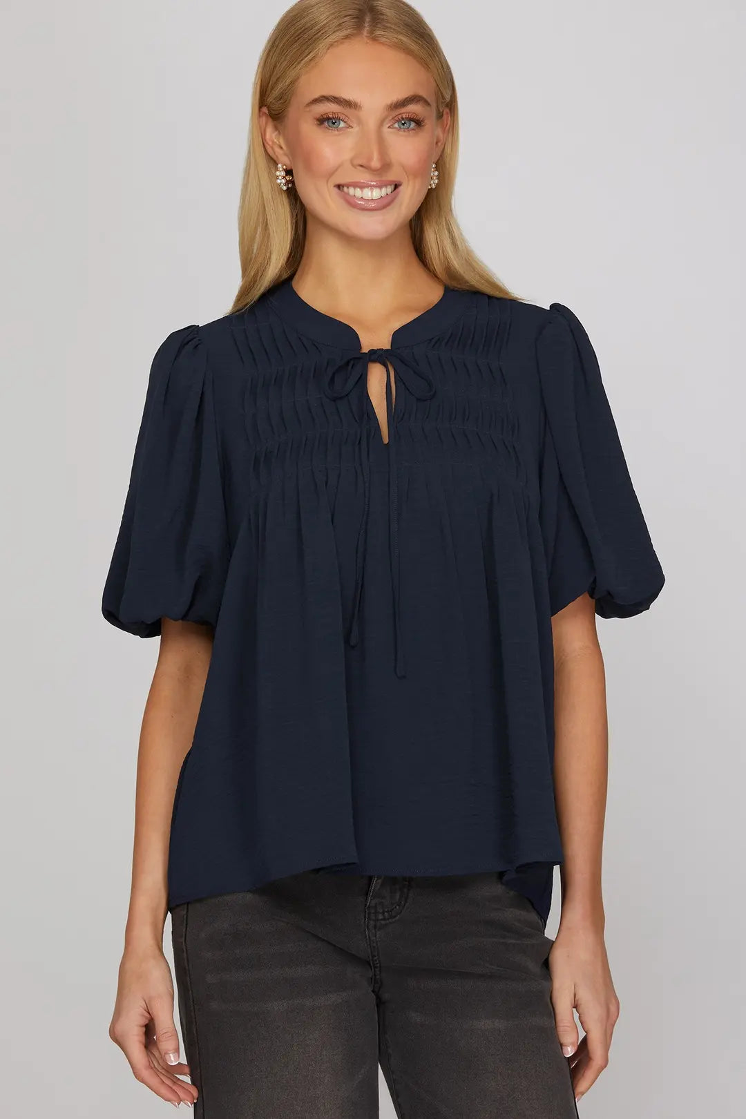 Navy Pintuck Puff Sleeve Woven Top