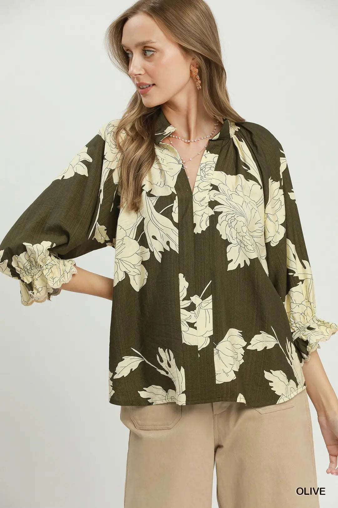 Floral Split Neck Blouse with Ruffle Puff Sleeves
