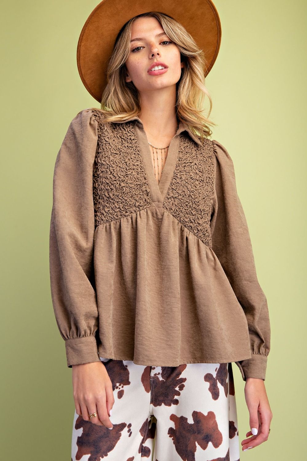 V-Neck Smocked Panel Woven Babydoll Tunic