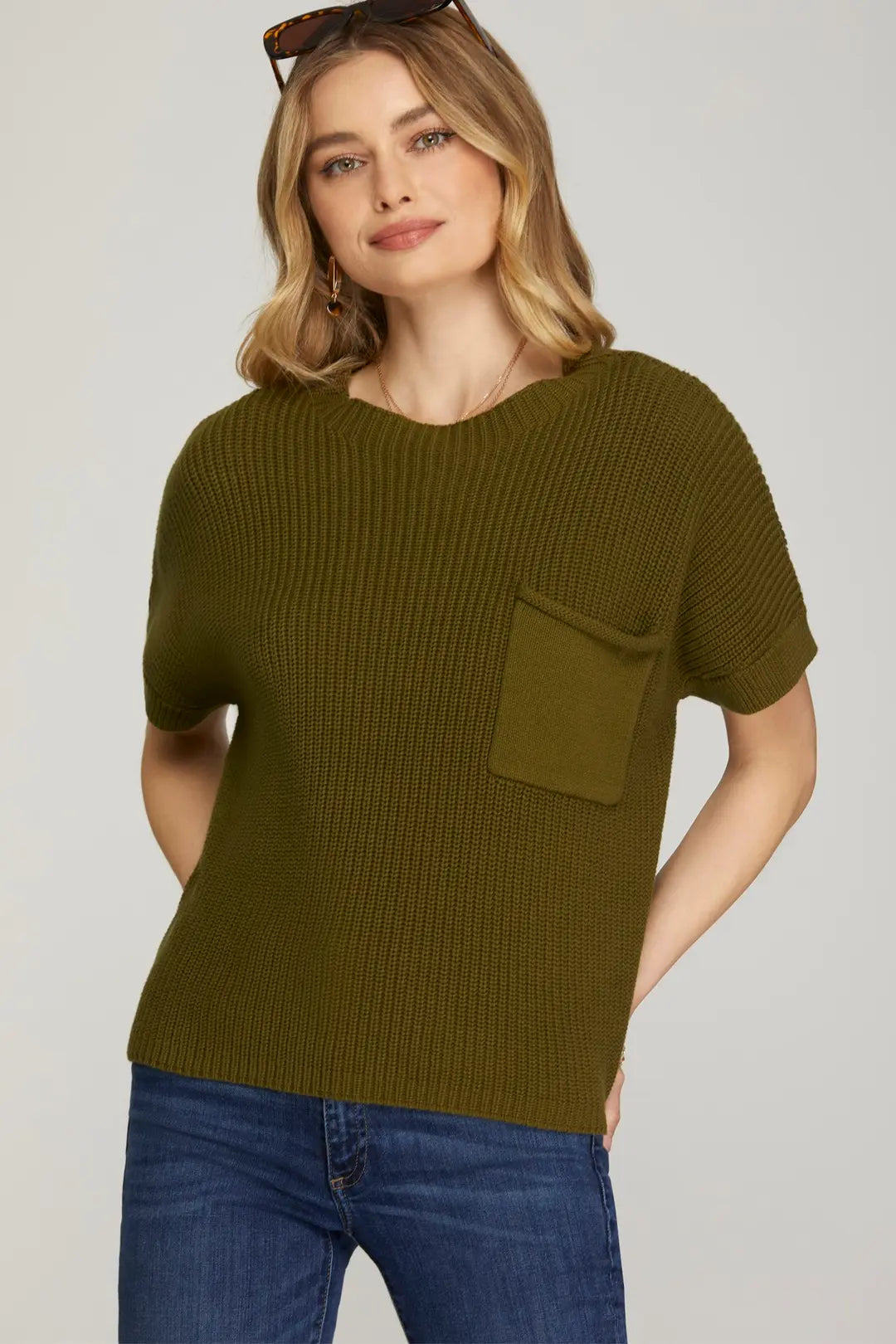 Drop Shoulder Short Sleeve Sweater Top with Front Pocket