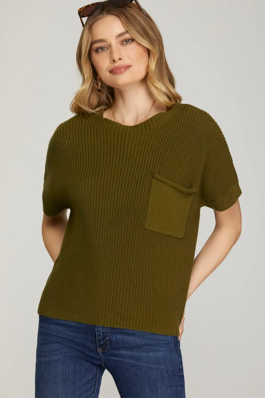 Drop Shoulder Short Sleeve Sweater Top with Front Pocket