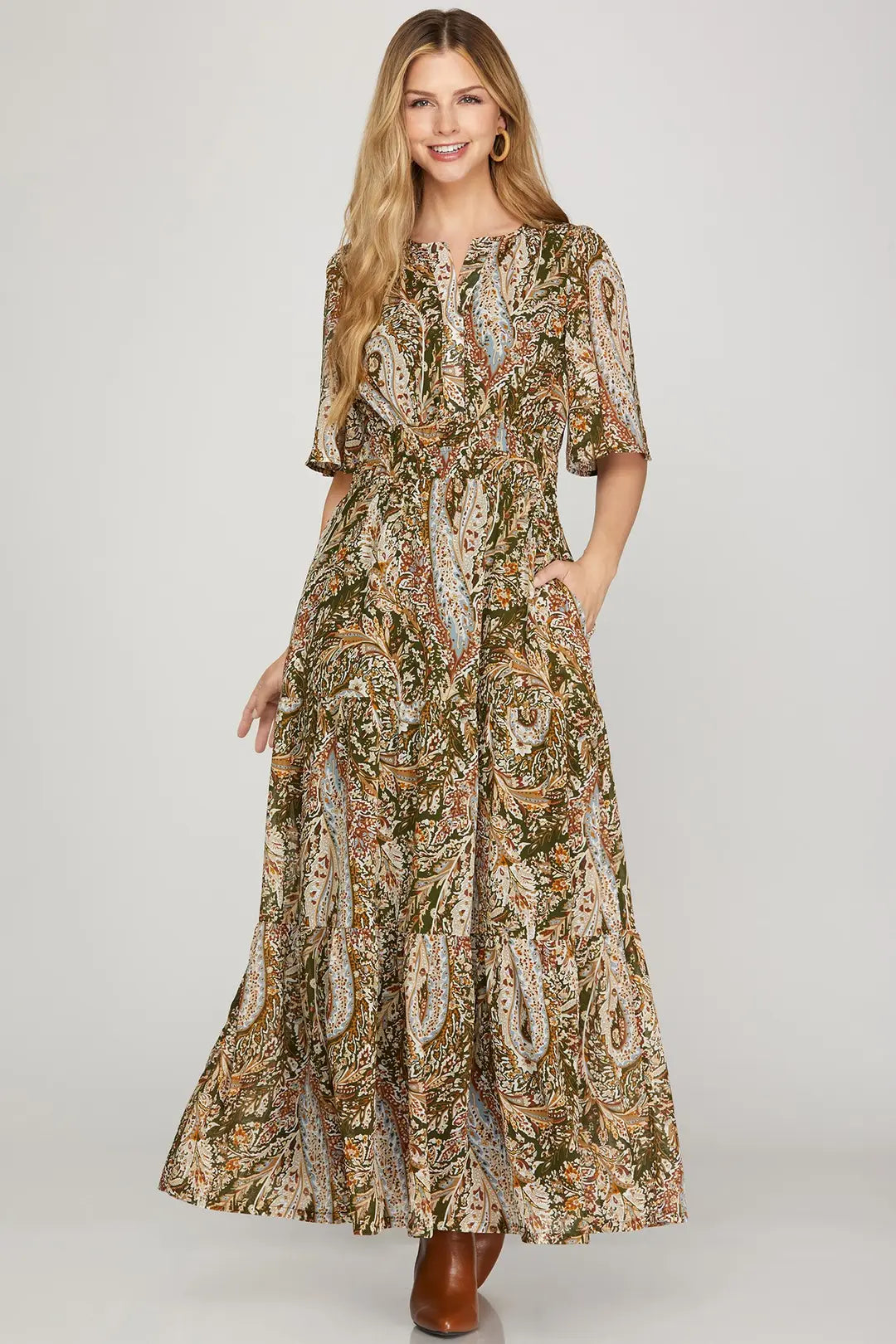 Woven Print Tiered Maxi Dress