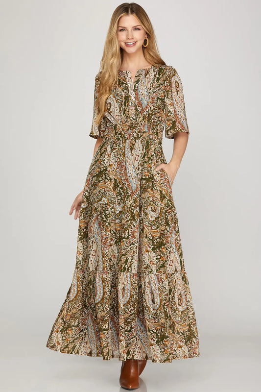 Woven Print Tiered Maxi Dress