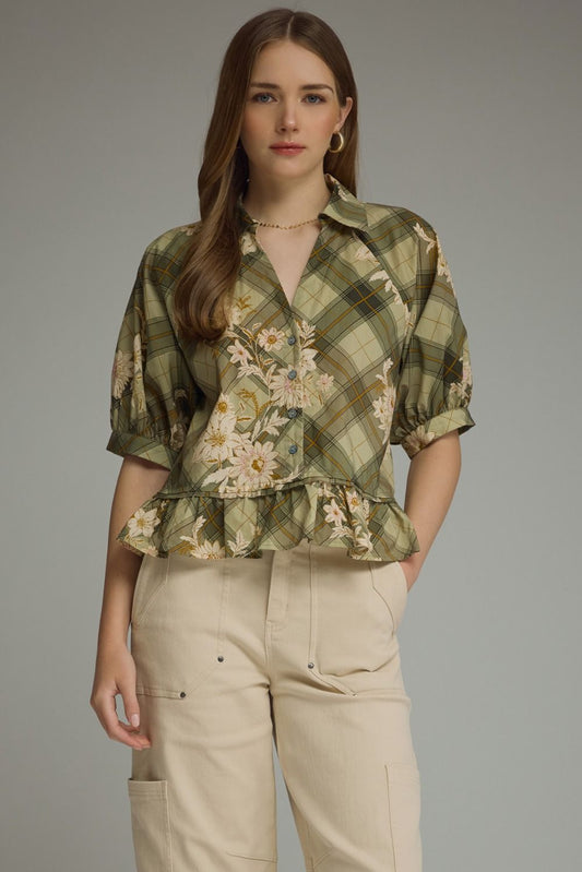 Olive Plaid Floral Print Puff Sleeve Top