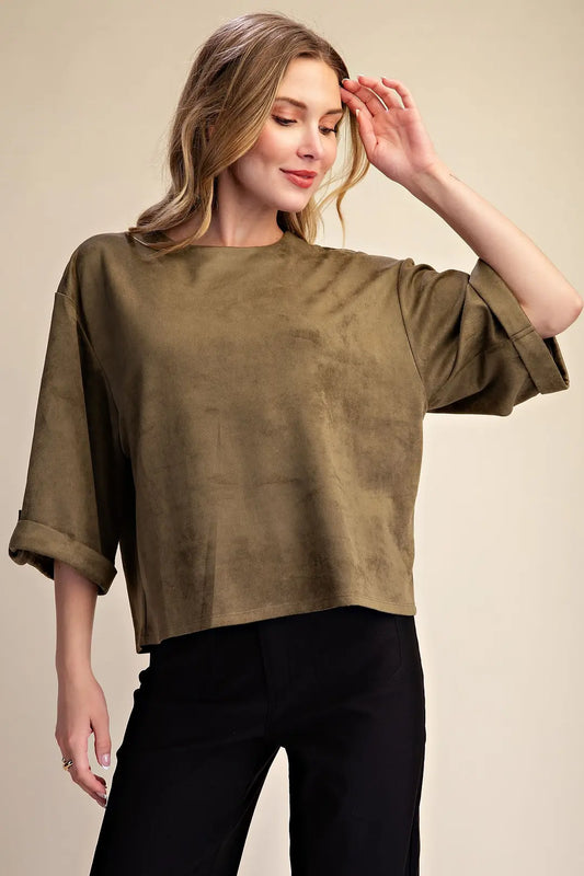 Wide Cuff Sleeve Suede Look Pullover Top