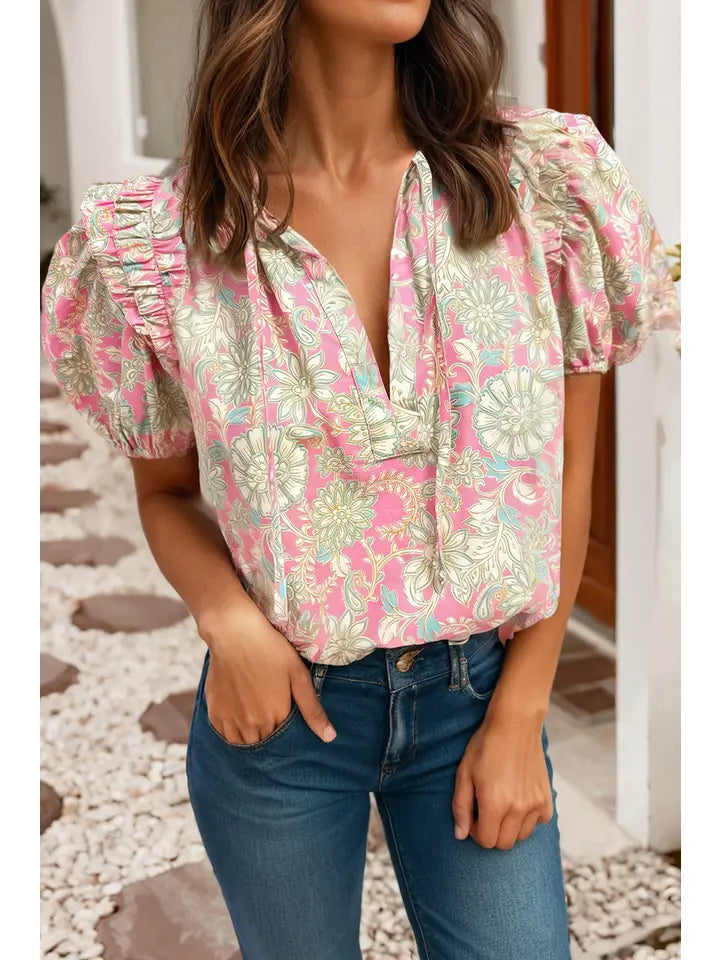 Tie V-Neck Floral Short Puff Sleeve Blouse