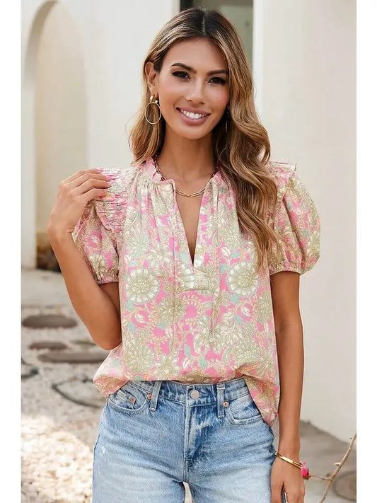 Tie V-Neck Floral Short Puff Sleeve Blouse