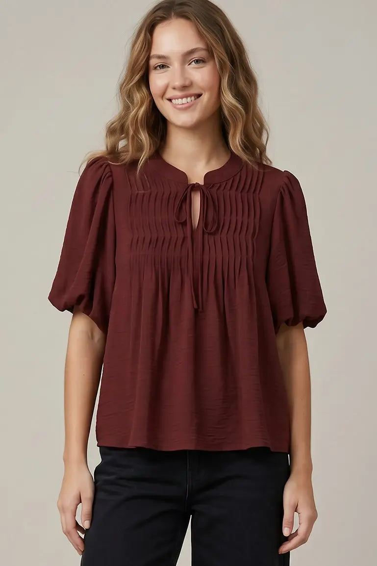 Wine Pintuck Woven Top