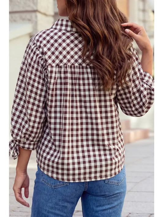 Plaid Ruffle Trim Bow Sleeve Button Front Top