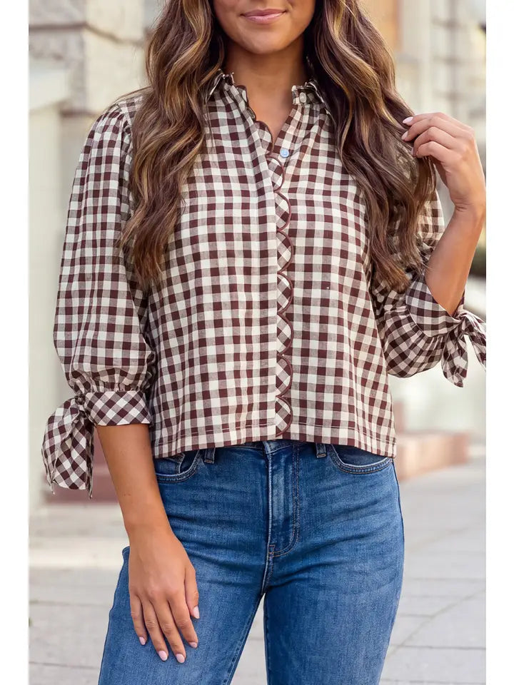 Plaid Ruffle Trim Bow Sleeve Button Front Top