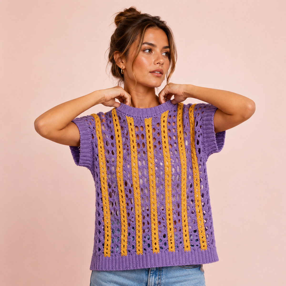 Stripe Open Knit Short Sleeve Top