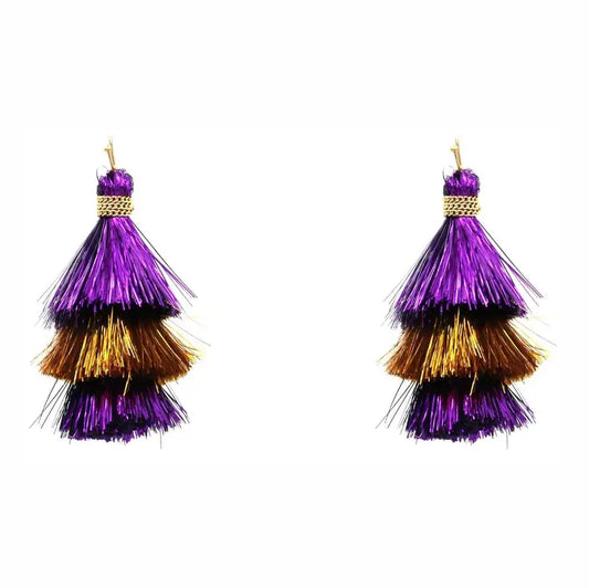Purple & Yellow Shimmer Tassel Gameday Earrings