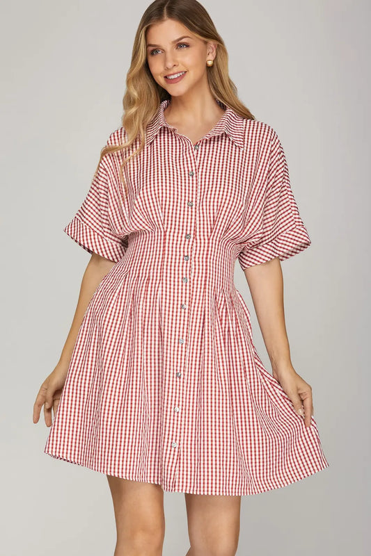 Pintuck Gingham Mini Dress