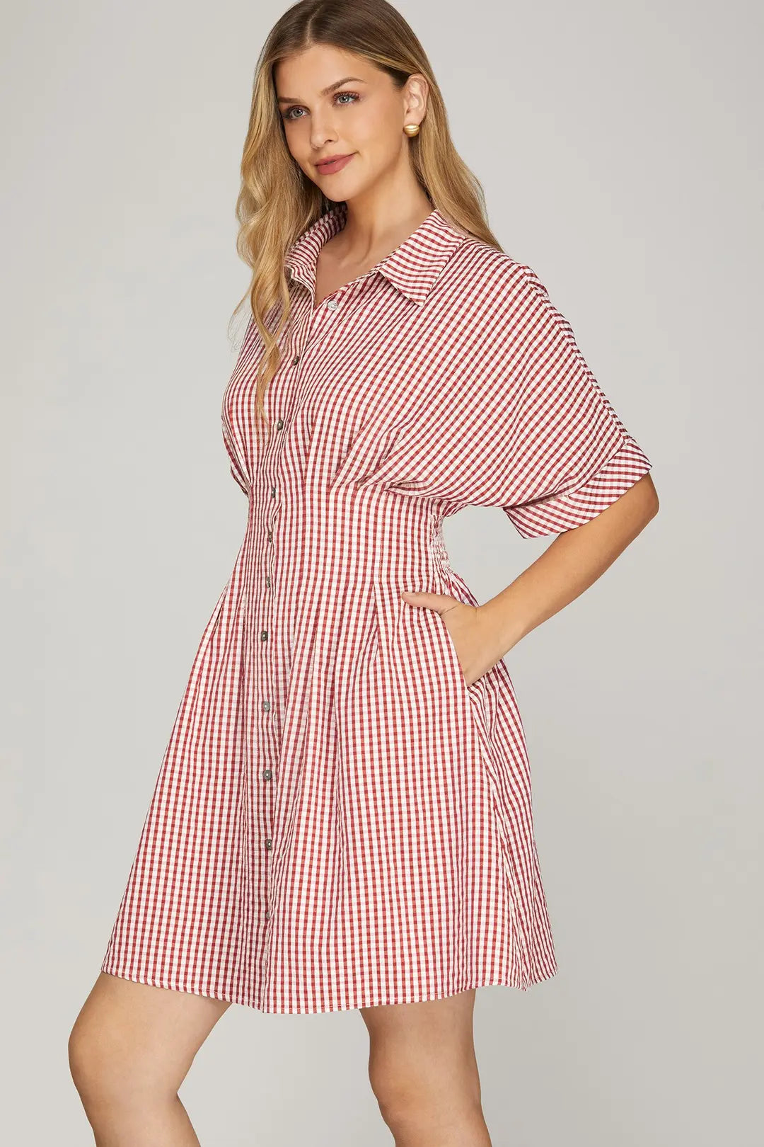 Pintuck Gingham Mini Dress