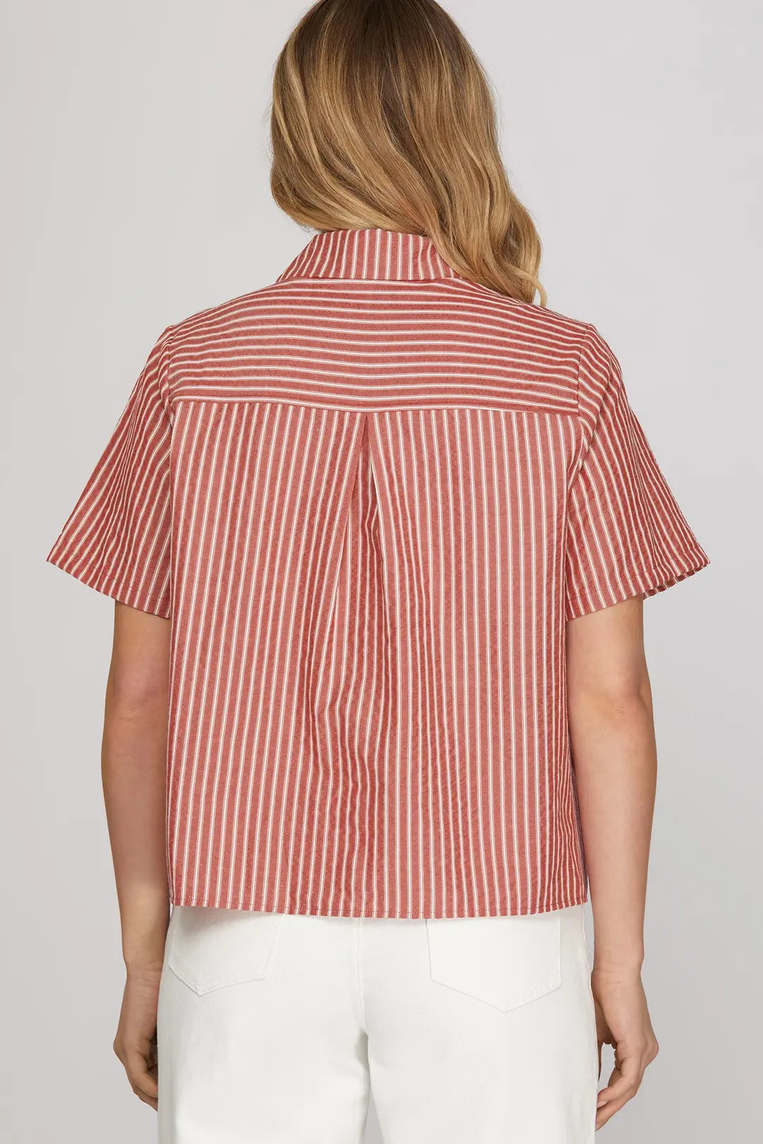 Woven Stripe Pleated Red Top