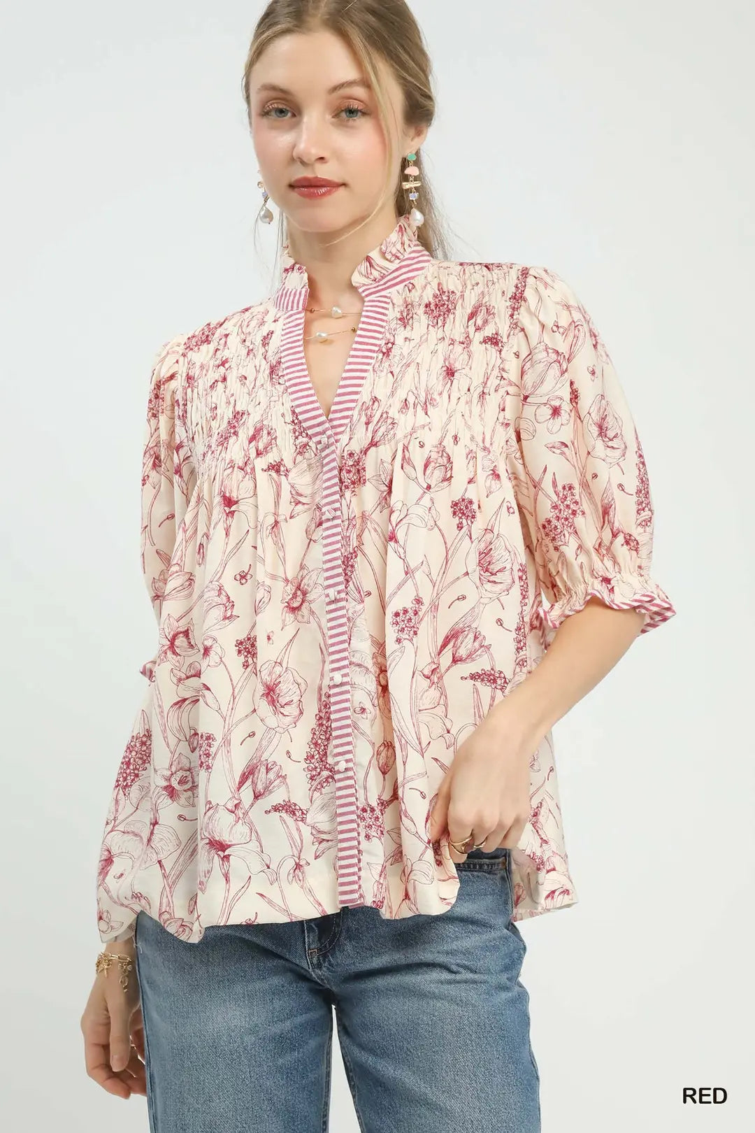 Mixed Print Button Front Top