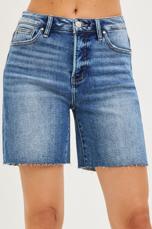 Dark Wash High Rise TC Mid-Length Raw Hem Shorts