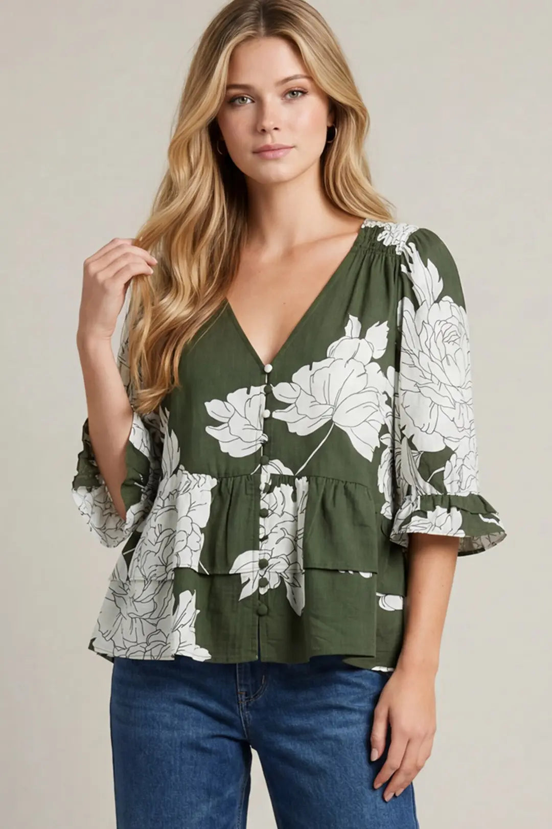 Olive Ruffle Hem Top