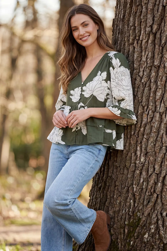 Olive Ruffle Hem Top