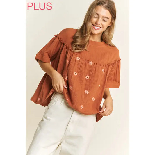 Gauze Embroidery Babydoll Top — Plus Size