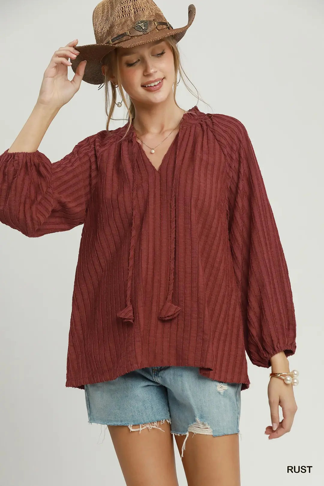 Textured Tie-Neck Blouse