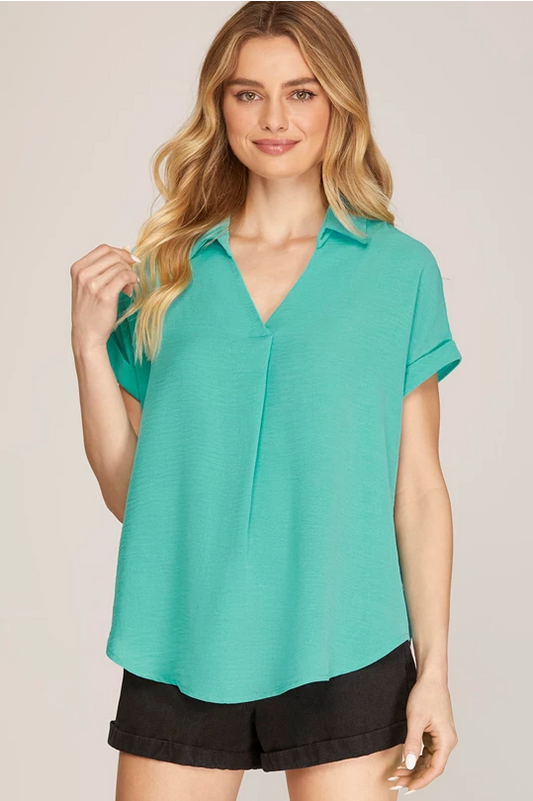 Drop Shoulder Collared Woven Top - Aqua