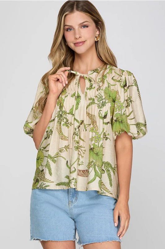 Puff Sleeve Pintuck Floral Print Top