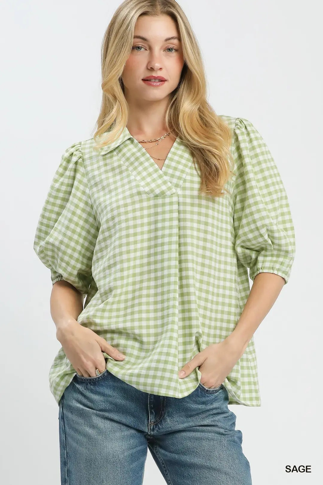 Gingham Puff Collared Blouse
