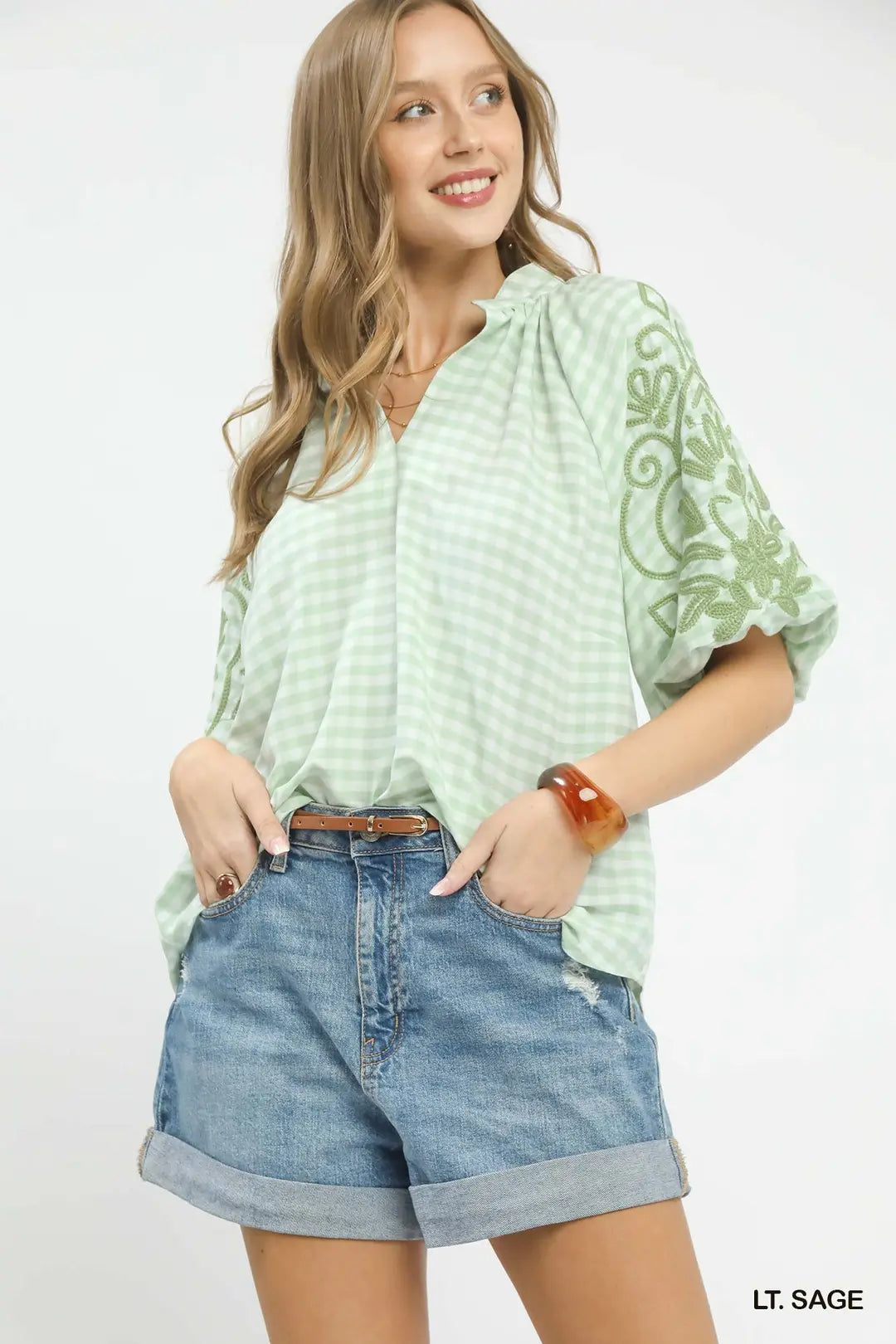 Gingham Embroidered Balloon Sleeve Top