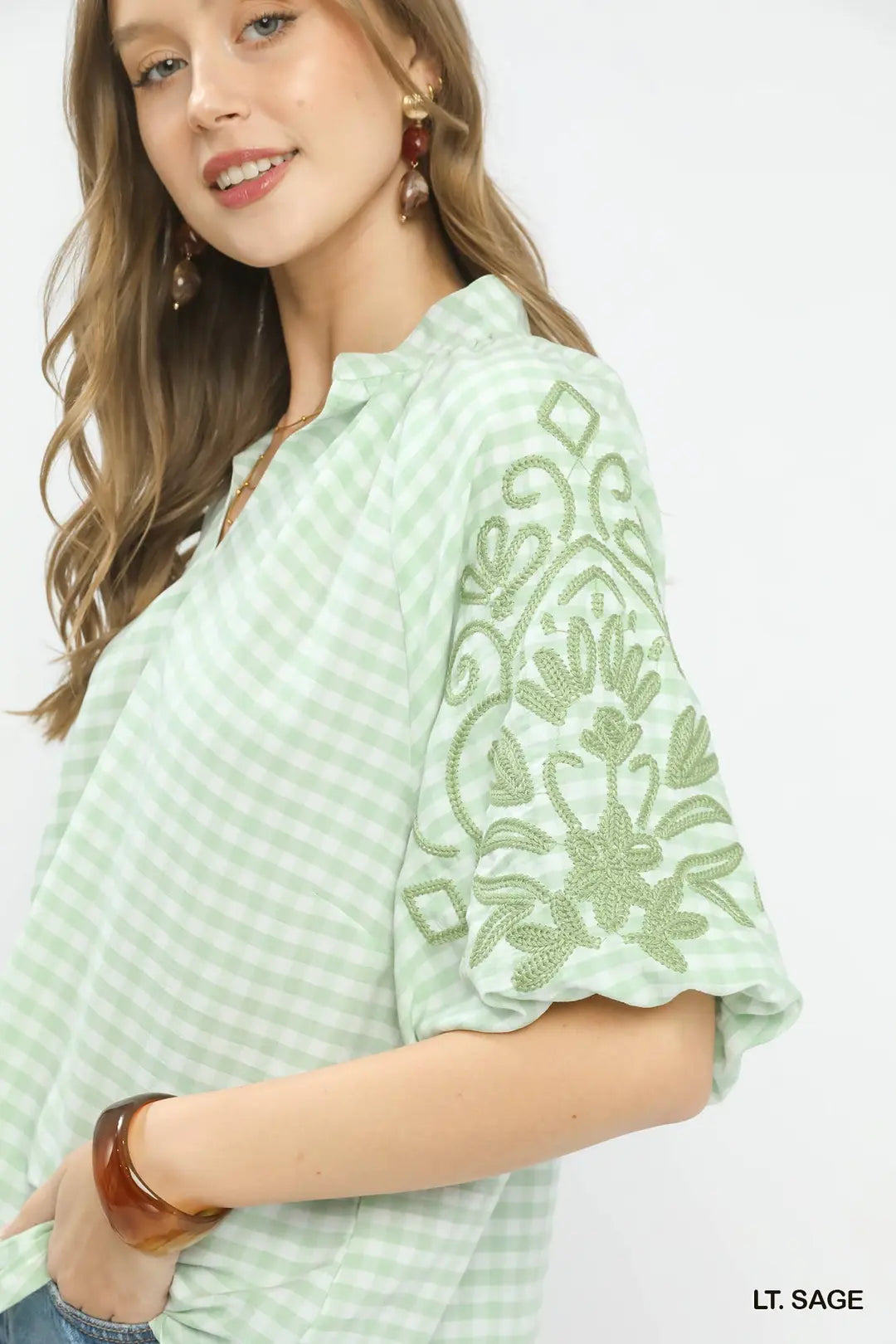 Gingham Embroidered Balloon Sleeve Top