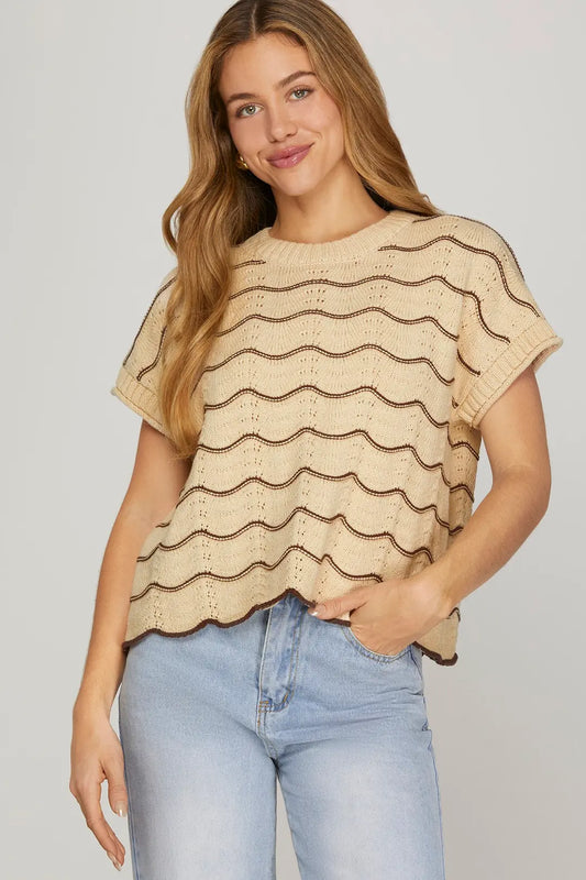 Scallop Stripe Knit Sweater Top