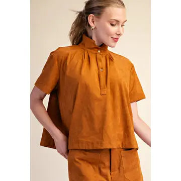 Camel Stand-Collar Short-Sleeve Shirt
