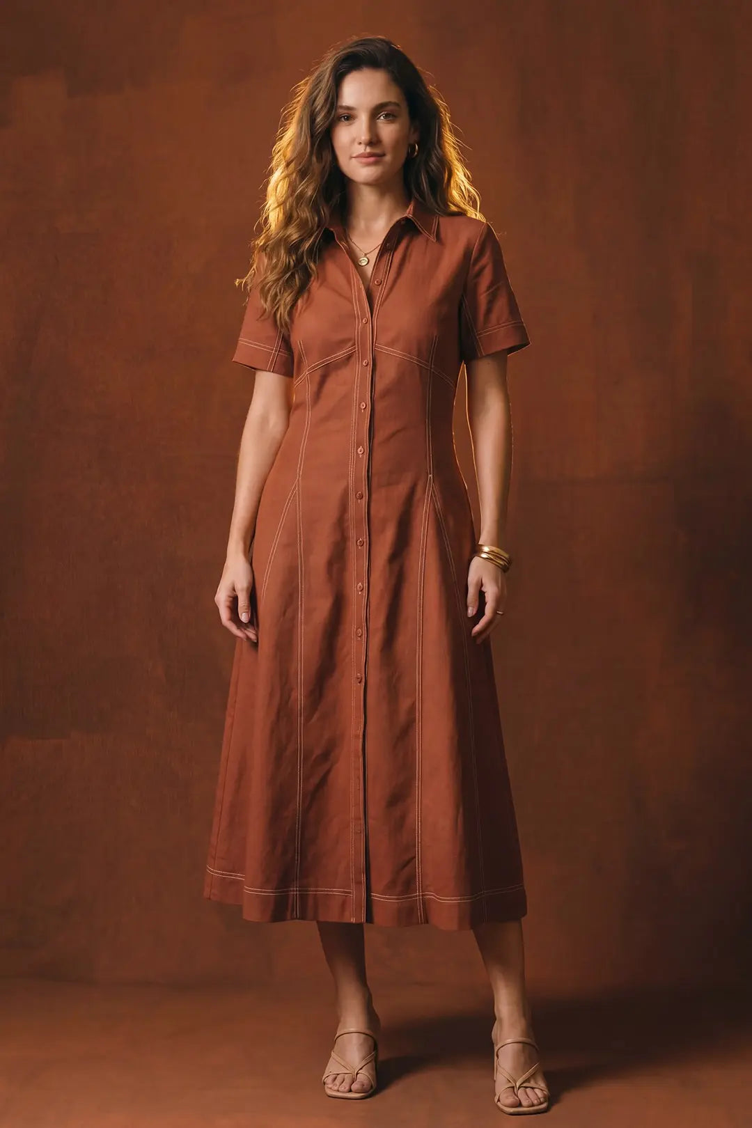 Button Down Midi Dress - Brick