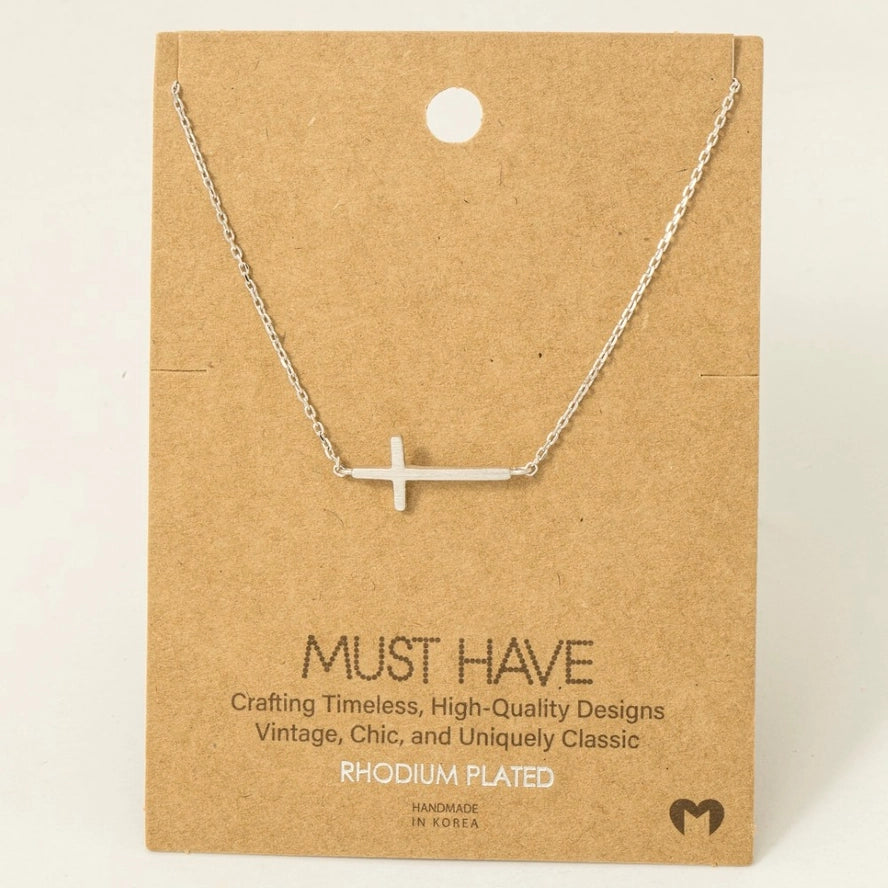 Side Cross Pendant Necklace – Rhodium Plated