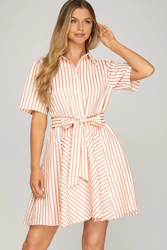 Short Sleeve Striped Mini Dress with Pockets