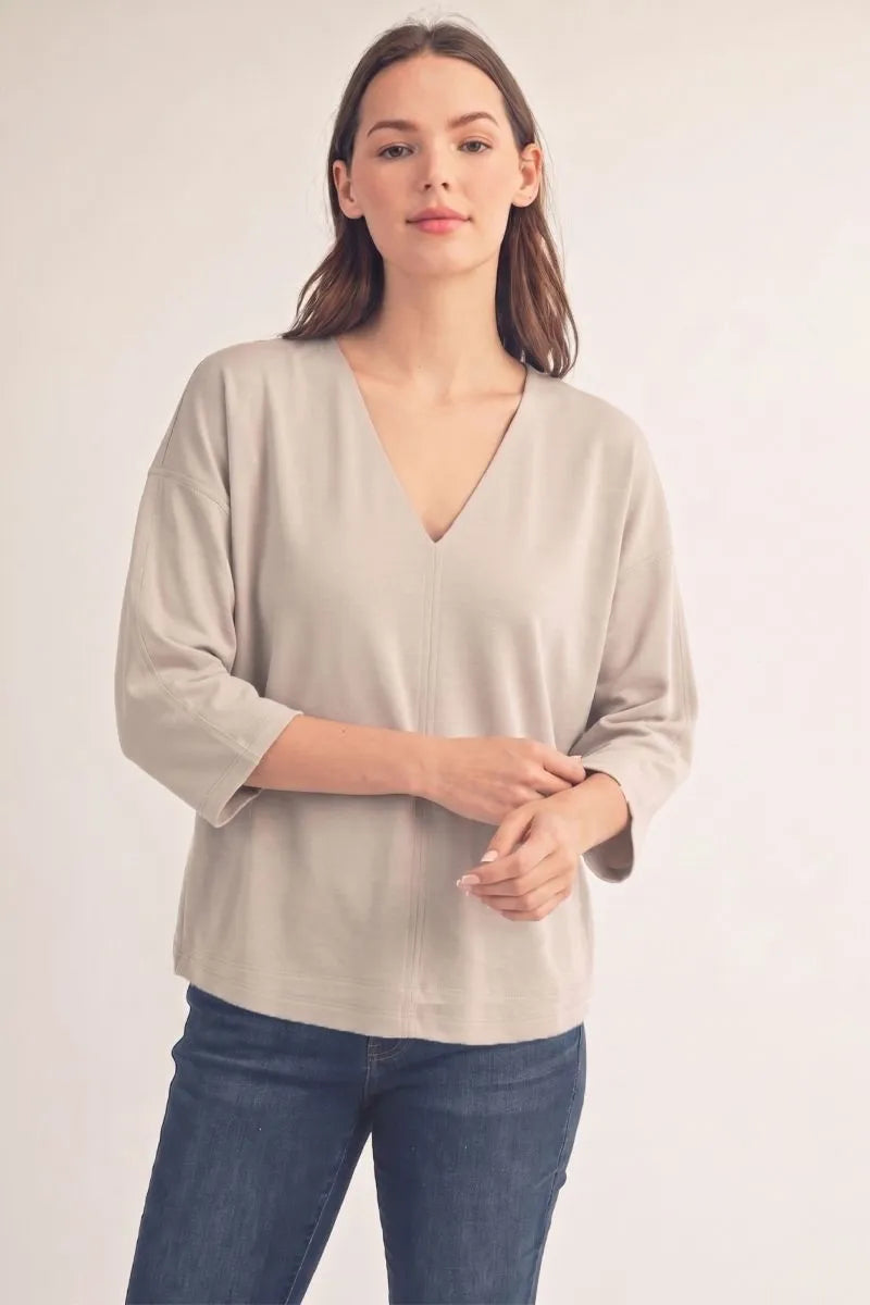 Drop Shoulder 3/4 Sleeve Solid V-Neck Top