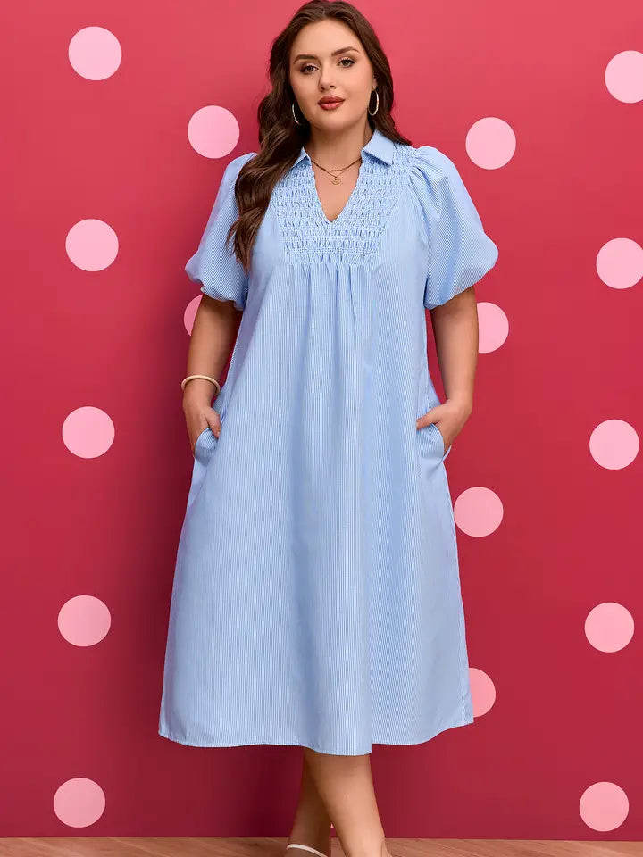 Stripe Collared V-Neck Dress